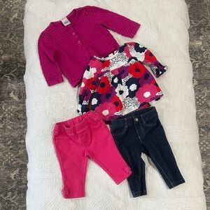 Gymboree Pink Cardigan and Floral Skirt with Pants Set
